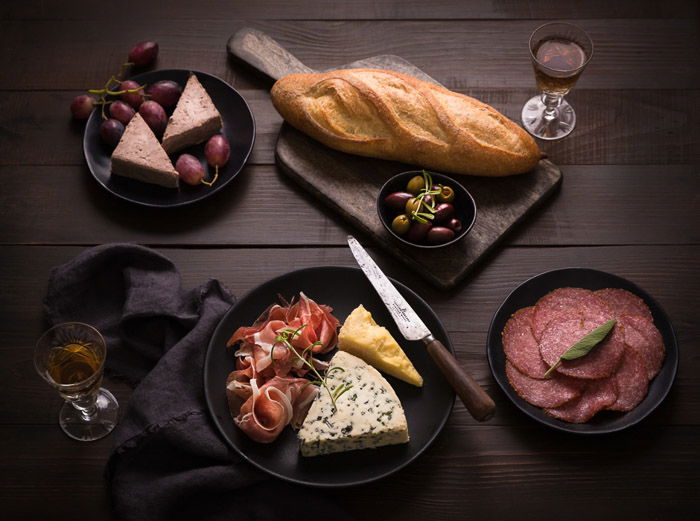 overhead shot of various plates of food