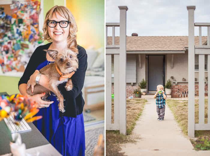 diptych portraits of a woman holding a dog and a small boy outside a house 