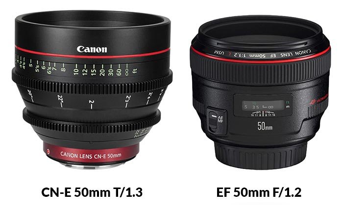 A canon cn-e 50mm t/1.3 beside a EF 50mmk f/1.2 comparing the f-stop vs t-stop