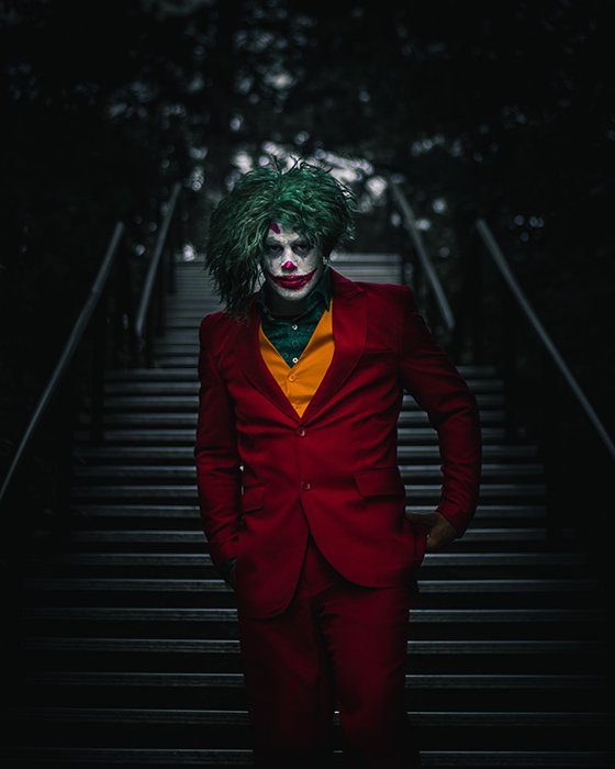 The iconic image from the new Joker film re-created using costume and make up