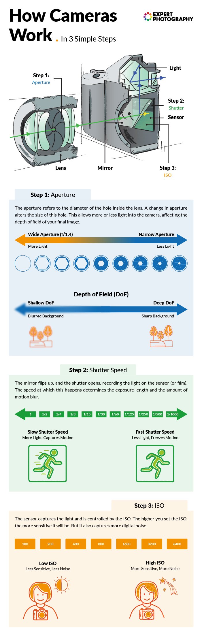 An infographic for how cameras work in regards to aperture shutter speed and ISO