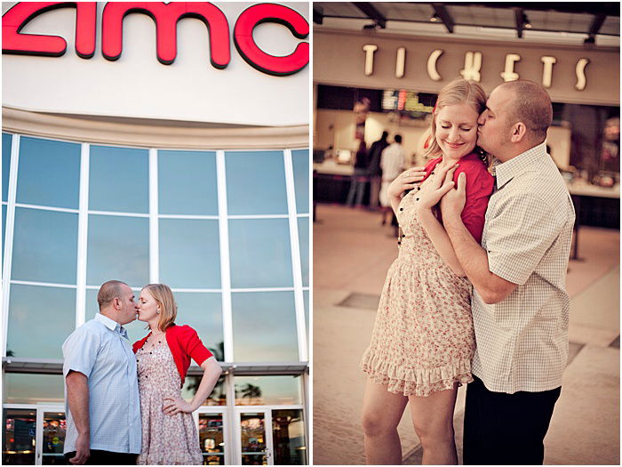 A romantic couple shoot in front of the theatre where they first met 