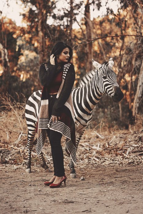 Photo of a model with a zebra behind her
