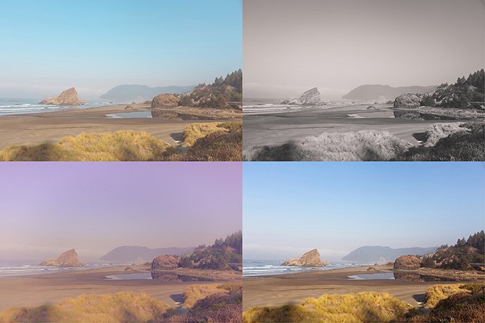 a four photo grid showing a landscape image edited in four different styles