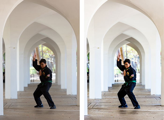 diptych portrait of a boy posing in a martial arts style, the second edited in a high contrast style