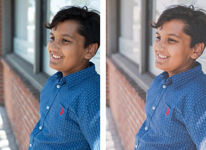 diptych portrait of a boy, the second edited in a  matte photo style