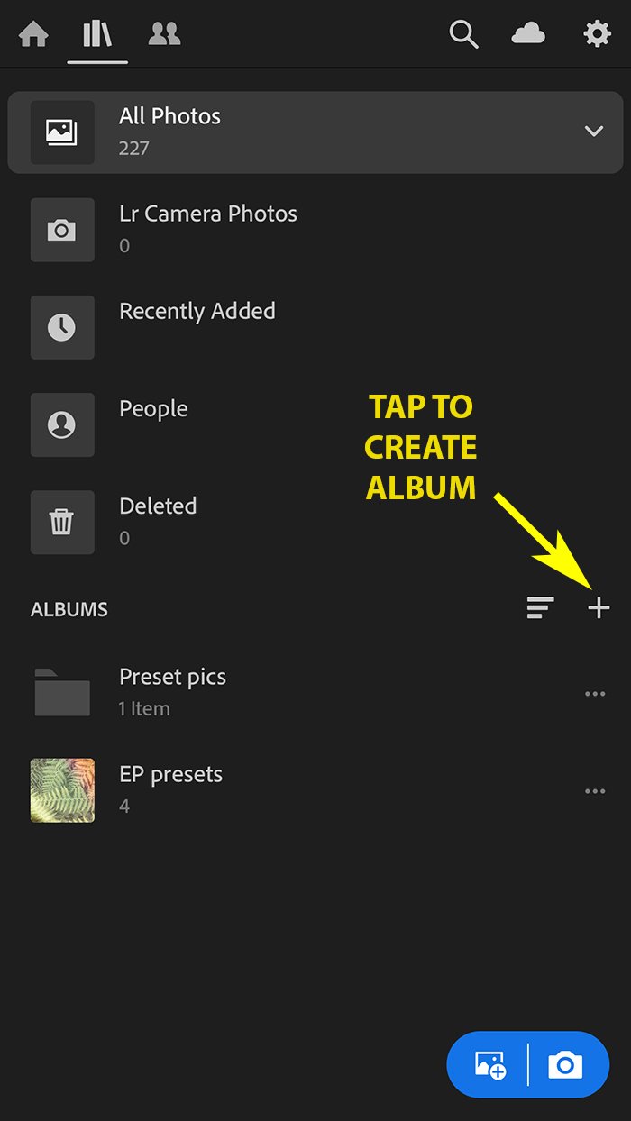 Screenshot showing how to add a new album in the Lightroom app