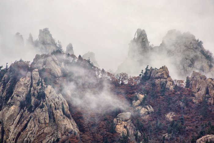 Photo of a mountain range in the fog