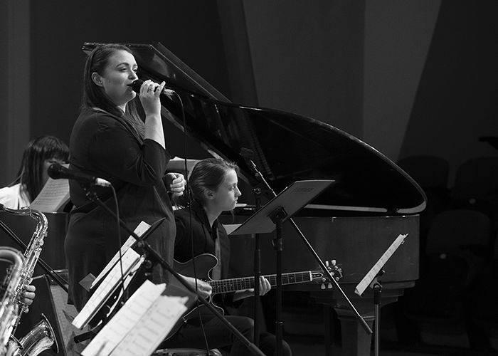 Black and white photo of a band