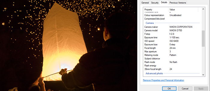 a screenshot of a photo and its exif data