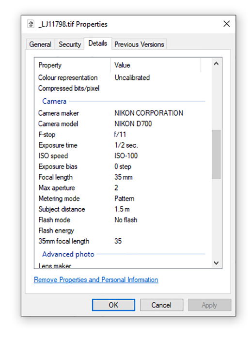 a screenshot of viewing exif data of a photograph