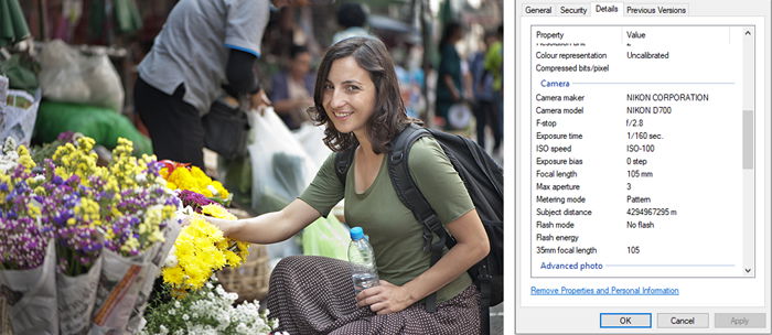 a screenshot of a portrait photo and its exif data