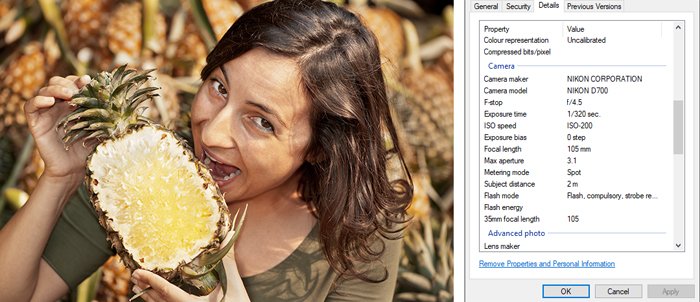 a screenshot of a portrait photo and its exif data