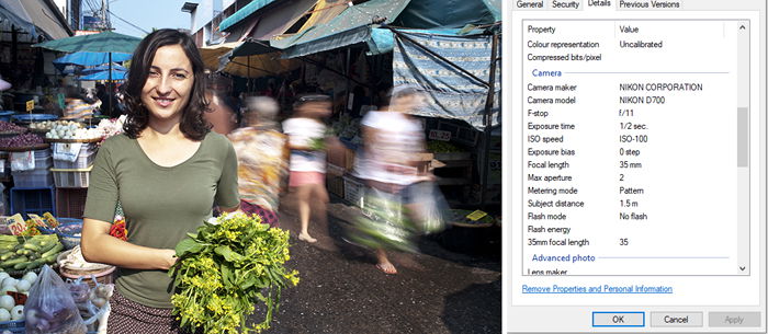 a screenshot of a portrait photo and its exif data