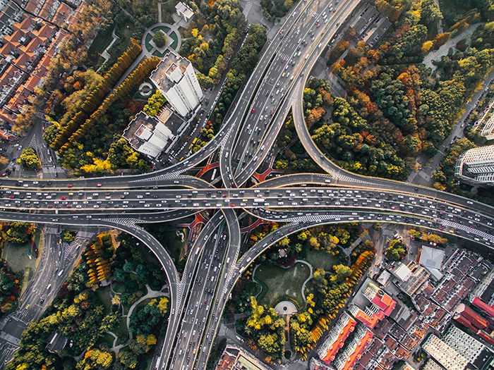 A drone photo of a highway crossing