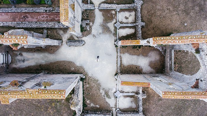 Drone wedding photo among ancient buildings