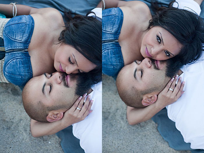 a diptych portrait of a couple trying engagement photo poses outdoors