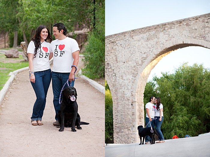 a casual engagement portrait diptych of a couple with dog 