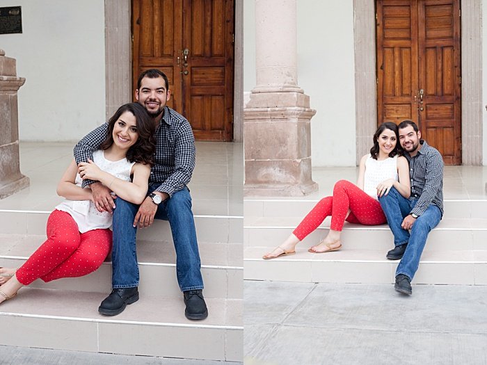 A couple photo where the couple is sitting on some steps 