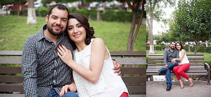 a diptych portrait of a couple trying engagement photo poses outdoors