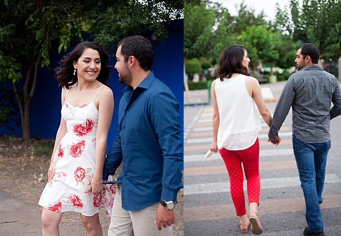 a diptych portrait of a couple trying engagement photo poses outdoors