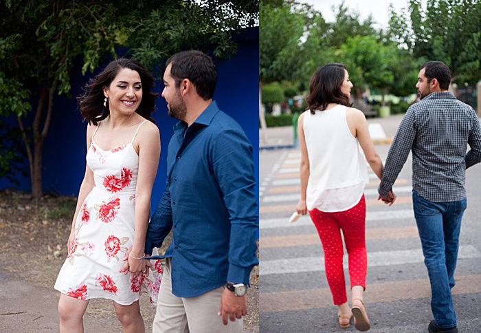 walking posing for engagement sessions