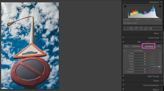 Screenshot of editing a photo in Lightroom