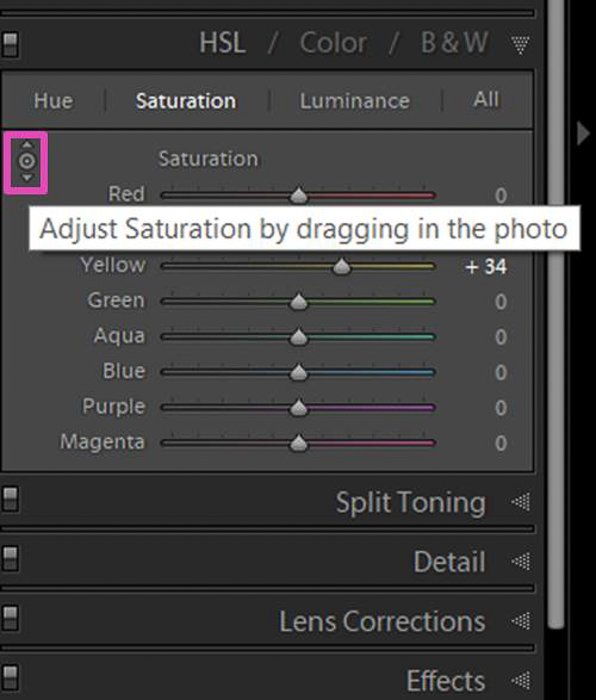 Screenshot of adjusting Saturation in Lightroom