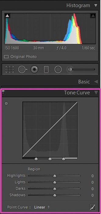 Screenshot of Lightroom tone curve