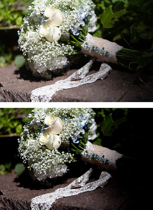 two photos of the same wedding bouquet, the second edited in a dark and moody editing style