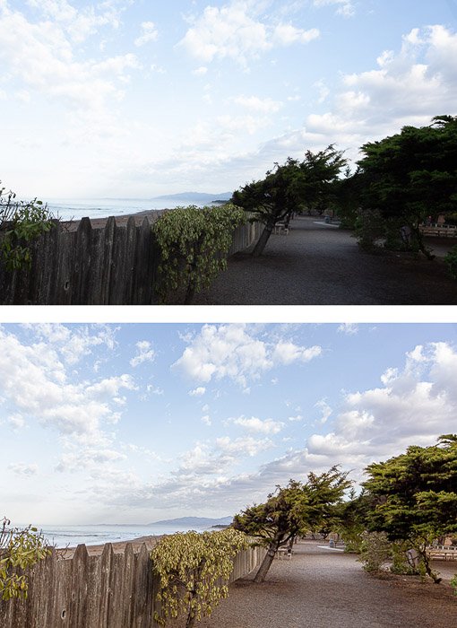 two photos of the same coastal landscape, the second edited in HDR editing style 