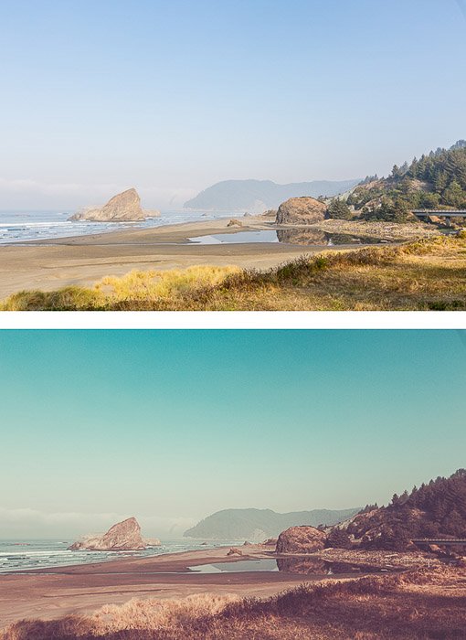 two photos of the same coastal landscape, the second edited in vintage editing style 