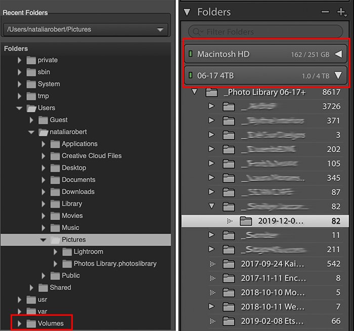 a screenshot of the folder system for RawTherapee (left) and the folder system for Lightroom (right)