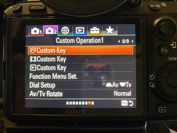 Close-up photo of camera setting menu showing Custom Key feature on Sony A7R3