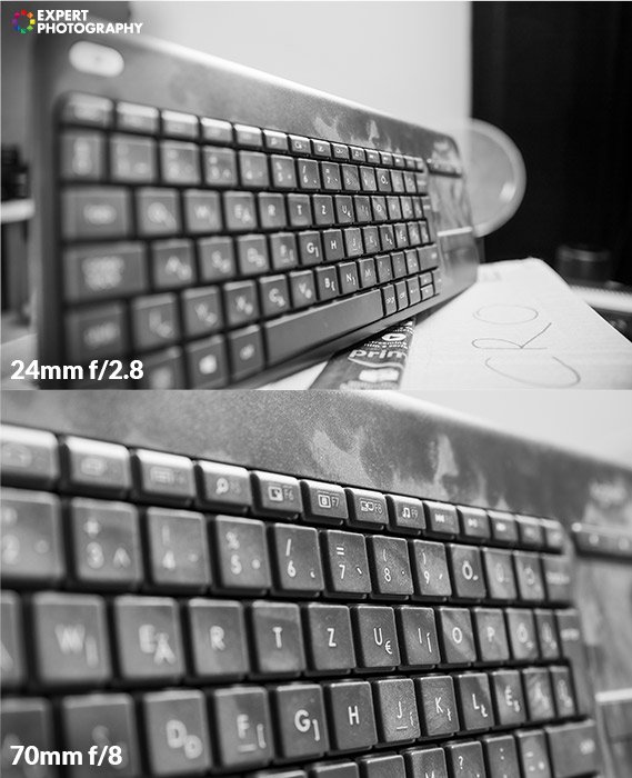 two photos of a computer keyboard taken with different aperture