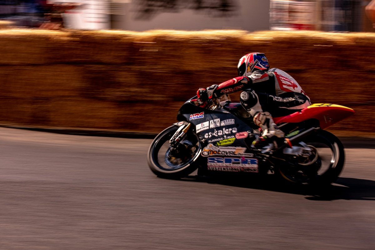 A blurred motorcycle racer making a turn as an example of motorsports photography