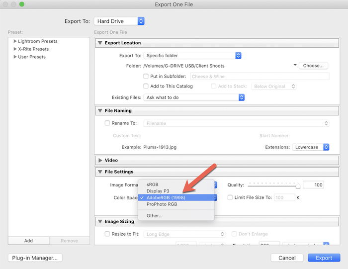 File Export Settings in Photoshop