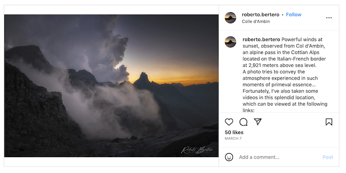 Screenshot of Roberto Bertero's Instagram post of a moutain landscape at sunset