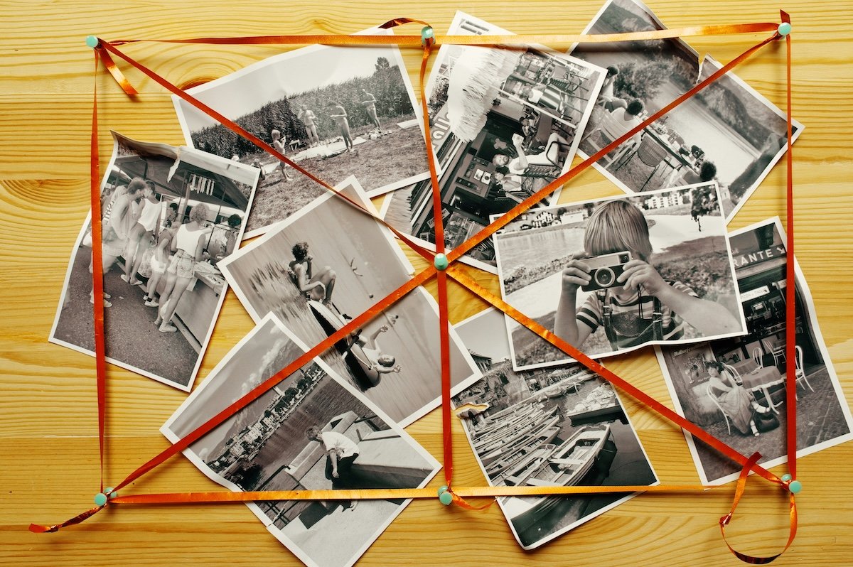 A collage of black-and-white photo prints with a cross-section of ribbon as an example of photography style