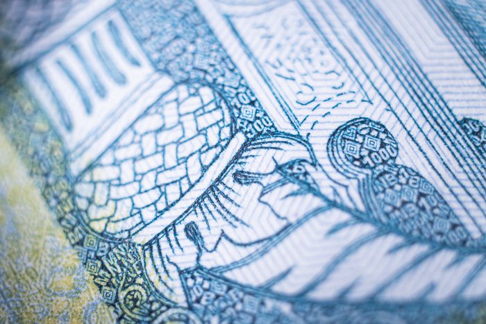 A macro shot of a tiny section of the Hungarian 1000 HUF banknote
