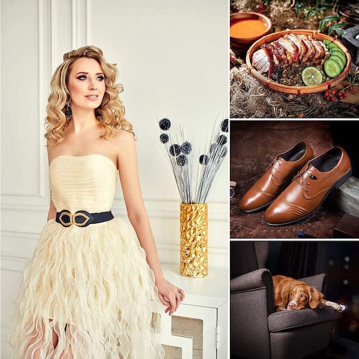 Four images of a woman posing ina dress, food, shoes, and a dog lying on a couch