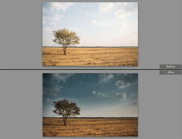 Before and after using the graduated filter in Lightroom 