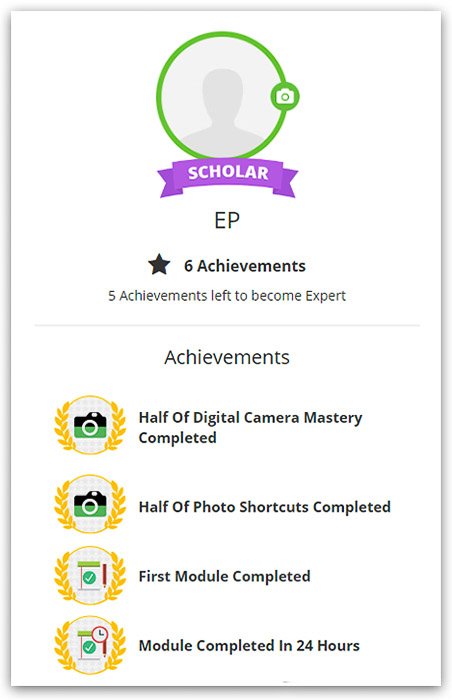 A screenshot of some of the badges and achievements you can earn with Photography Pro