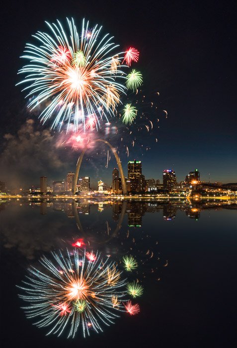 Photo of fireworks reflecting on a waterscape