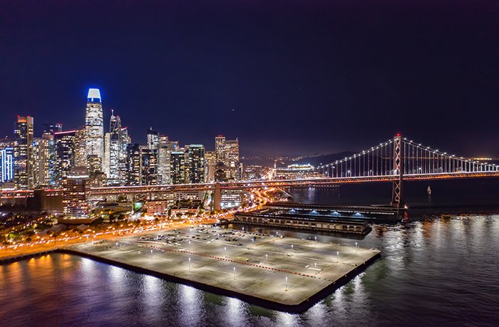 Nighttime photo of a cityscape