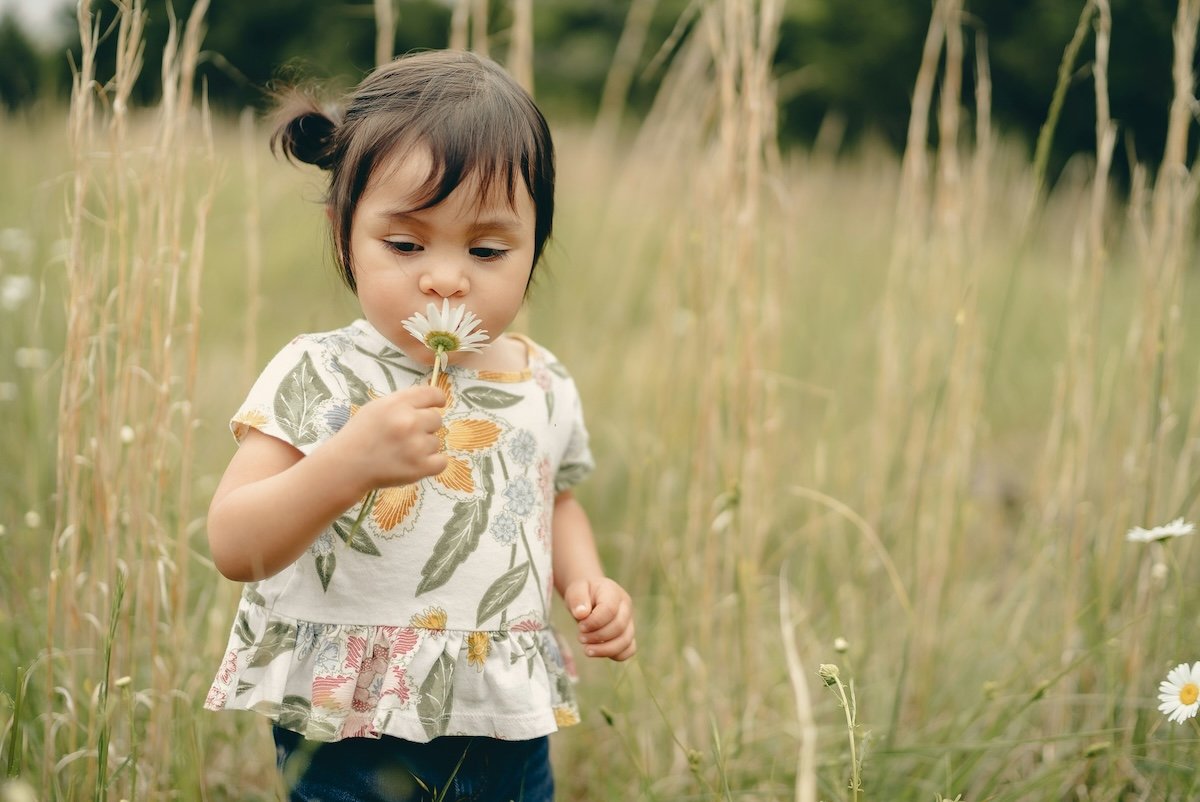 Toddler smelling a flower in a field for a kid photo pose