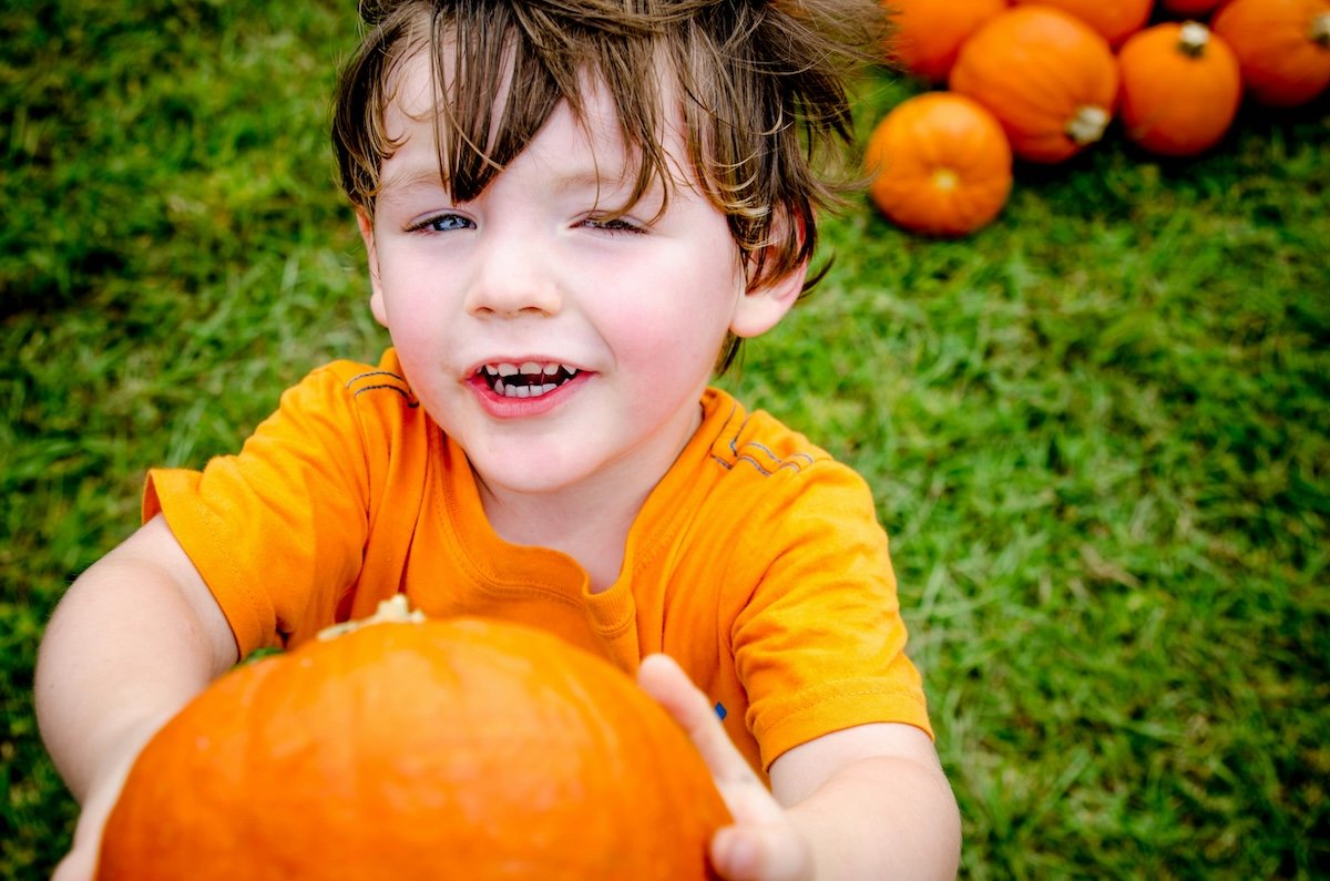 A child holding a pumpkin as a kids photo pose