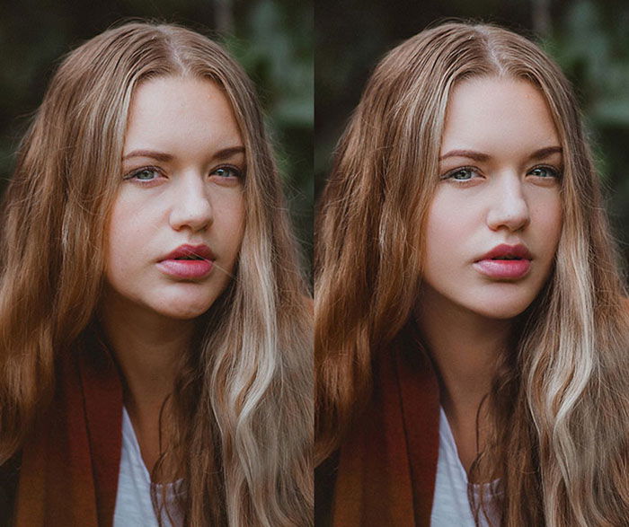 A female portrait diptych showing before and after editing with Retouch Gem Photo Retouching services