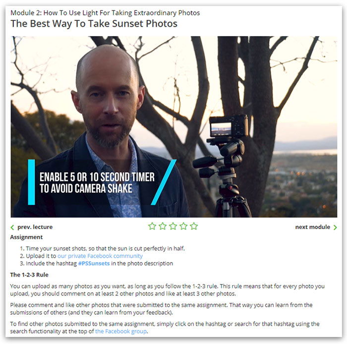 a screenshot from Photo Shortcuts course module on how to take sunset photos