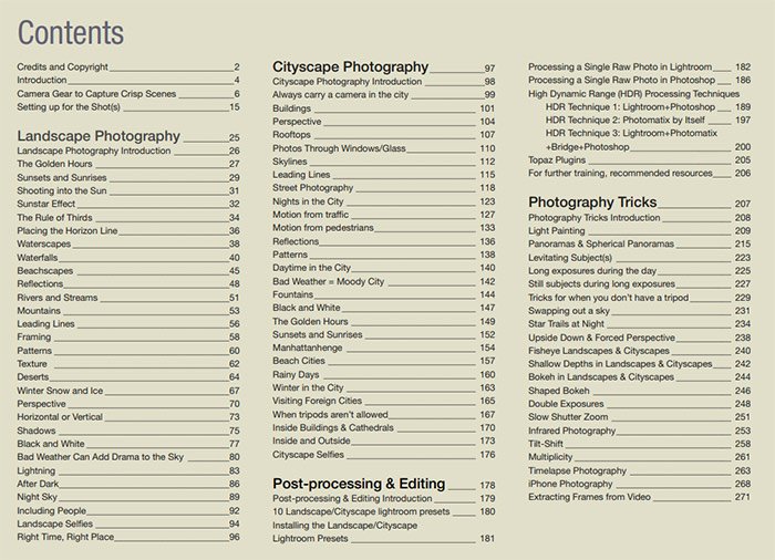 Contents page of the Photography Tutorial eBook 